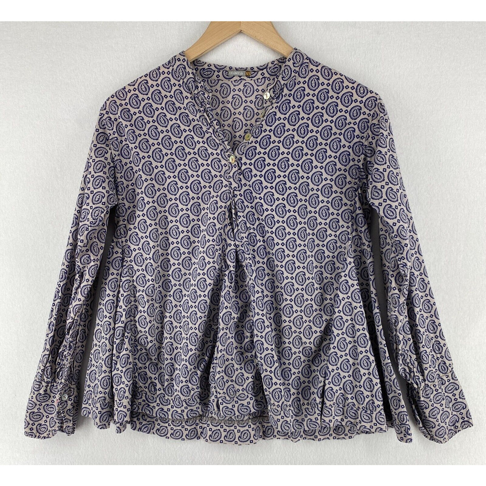 MATTA Top XS Mandarin Collar Paisley Popover Long Sleeve Cotton Gray Blue
